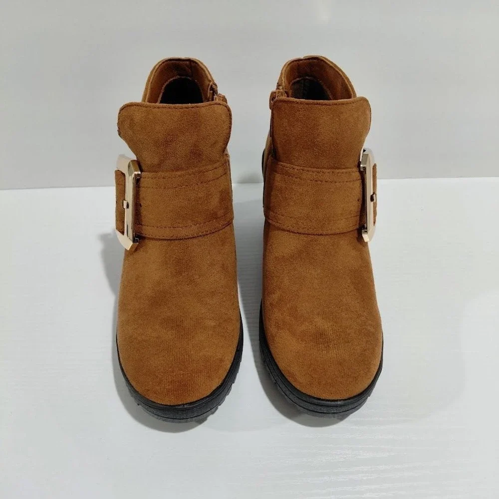 Forever Women's Brown Suede Ankle Boots Chunky Heel Gold Buckle Side Zip Size 10